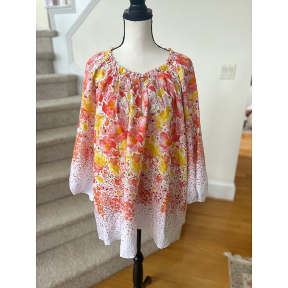 Lane Bryant Yellow & Red Floral Tulip Peasant Blouse - Picture 1 of 7